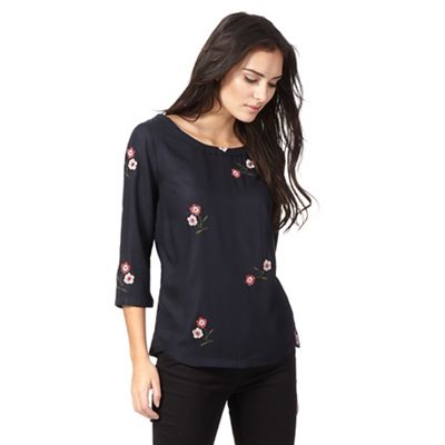 Navy flower embroidered top